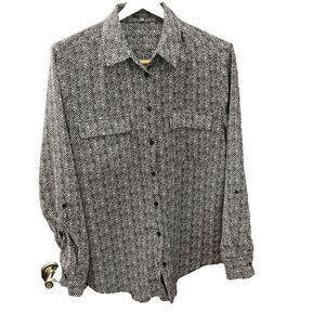 Madison Women's Black and White Herringbone Blouse with 3/4 sleeve option, Large